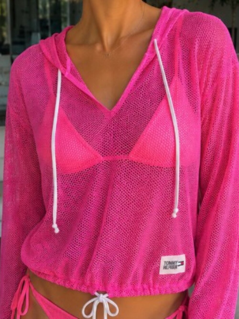 Tommy Hilfiger Hot Pink Mesh Hooded Swim Cover Up or top Large